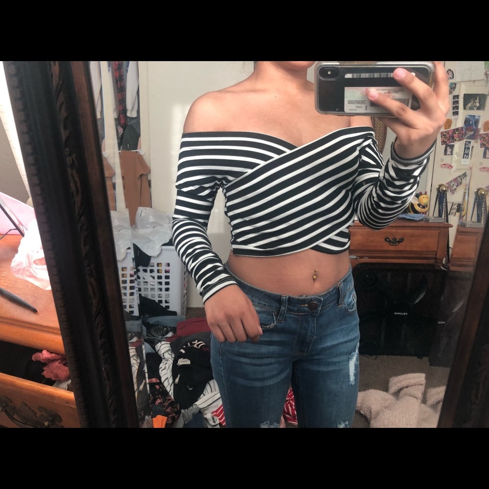 Black and white striped over the shoulder croptop